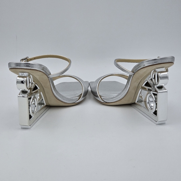 Badgley Mischka Luna Mule With Sculptural Wedge, Silver "LOVE" Heels, Like New! - Picture 10 of 16